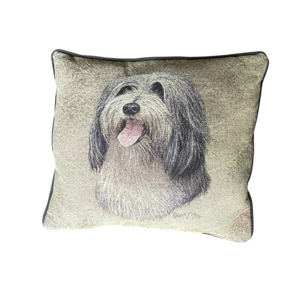 PILLOW Bearded Collie artist Robert May no tags EUC solid black back 14”x16” - Picture 2 of 7